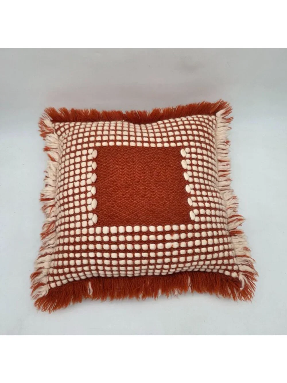 MCM Woven Decorative Throw Pillow Fringe Edges Burnt Orange & Cream Boho 1960s